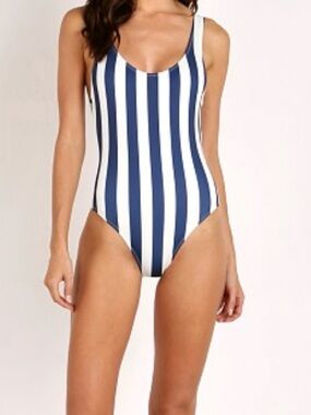 SOLID & STRIPED Anne Marie Navy and Cream Vertical-Stripe One-Piece Swimsuit M